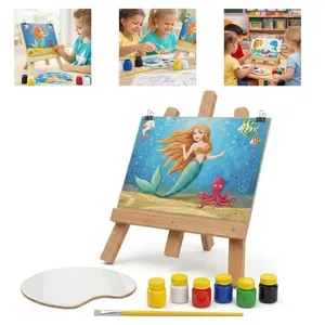 Kit de Pintura Infantil Pequena Sereia Completo com Cavalete Madeira Quadro Educativo Utibom Kit de Pintura Infantil Pequena Sereia com Cavalete Madeira Educativo Utibom
