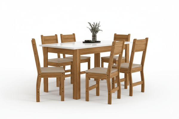 Conjunto de Mesa de Jantar Bellagio 6 Lugares com Cadeira Clara Carvalho Off White - Poliman