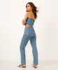 calça reta jeans cintura alta com strass azul 44