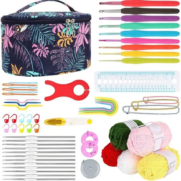 Kit Crochê Aeelike com Bolsa Organizadora Folhas Azuis Colorido A-MBI