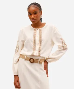 camisa feminina de algodão texturizada bordada bege G