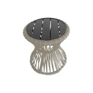 Mesa De Centro Sol Em Corda Náutica E Base Em Alumínio Preta 70cm Areia - Cor: Bege