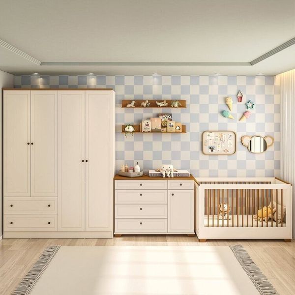 Quarto de Bebê Berço com Colchão Cômoda e Guarda-roupa Baby Ananda Casatema OffWhite/Mel