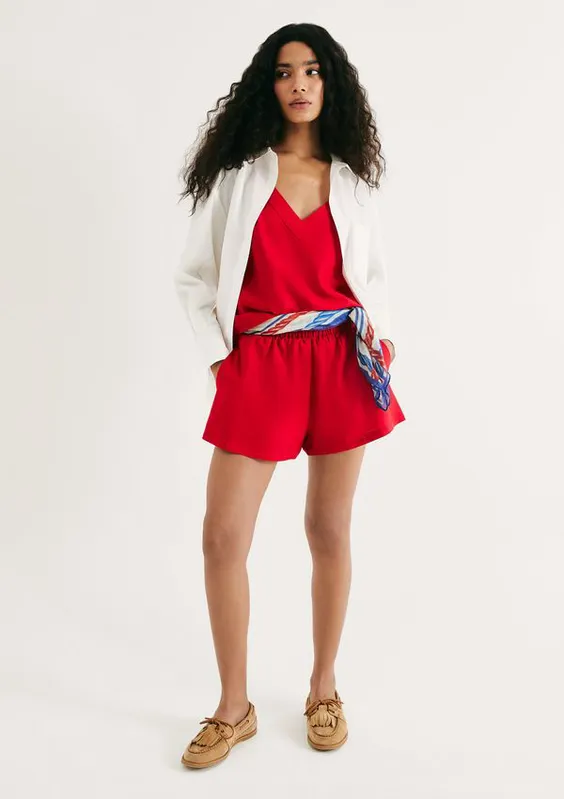 Shorts Feminino Evasê Com Linho - Vermelho 038