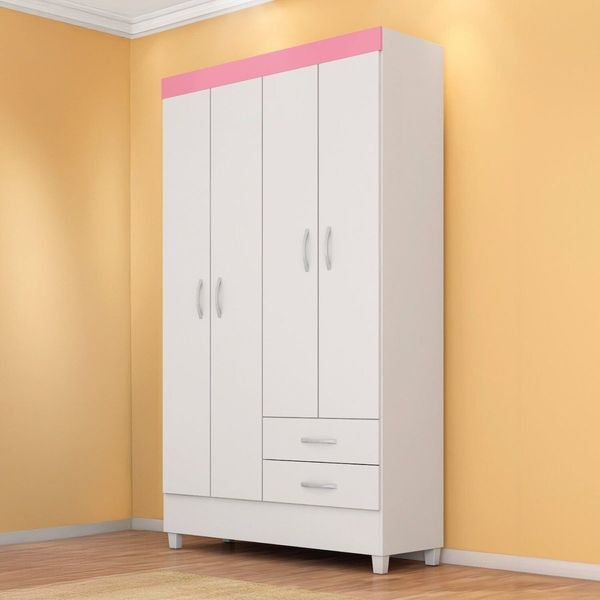 Guarda-roupa Infantil 4 Portas Doce Infância Branco/Rosa