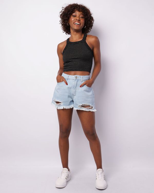 Short Jeans Feminino Curto Destroyed Desfiado Azul 46