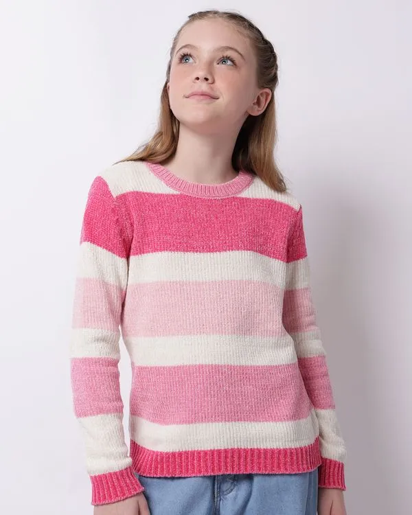 Suéter Juvenil Tricô Listrado Lurex Rosa 16