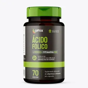Ácido Fólico Ferro e Vitamina B12 Omix 70 Cápsulas