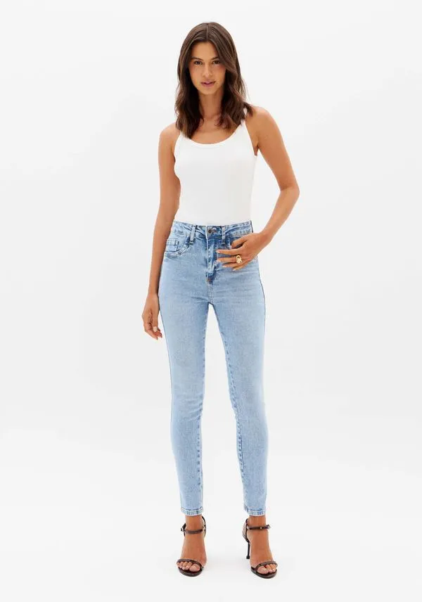 Calça Jeans Skinny Ankle Com Bolso Bordado Azul 42