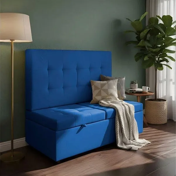 Canto Alemão Recamier Bau + Painel Madri 120cm Suede Azul Marinho - Inova Decor