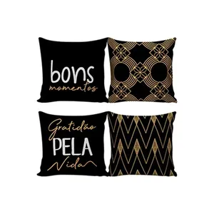 Kit Capa de Almofada Estampa Gratidão Microfibra Preta e Dourada Sortido 40x40cm 2 Peças CAL112142 - Nsw Decor