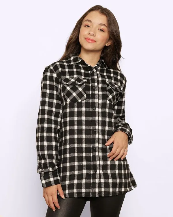 Camisa Juvenil Manga Longa Flanelada Xadrez Preta 10