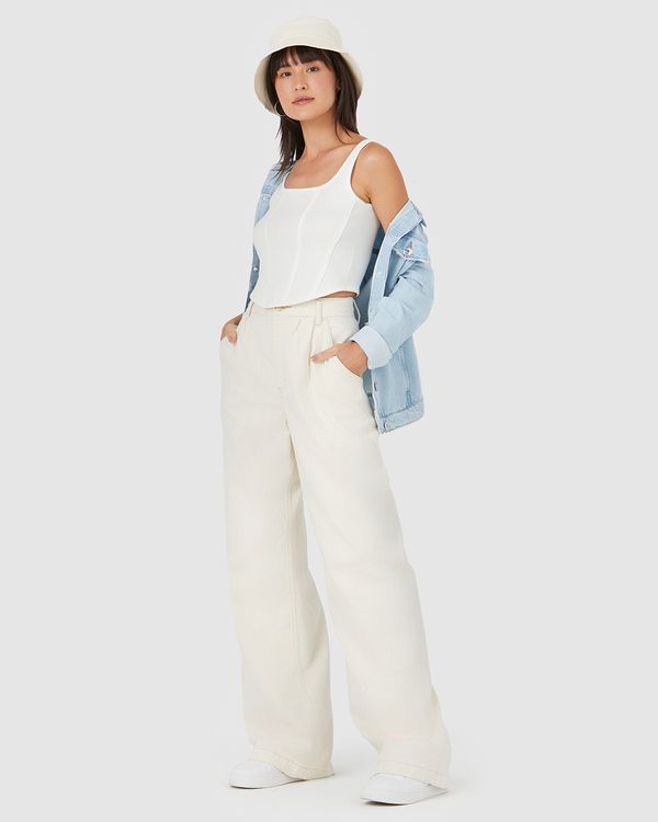 Calça Wide Leg Feminina Cintura Alta Em Sarja White Denim Off White - 40