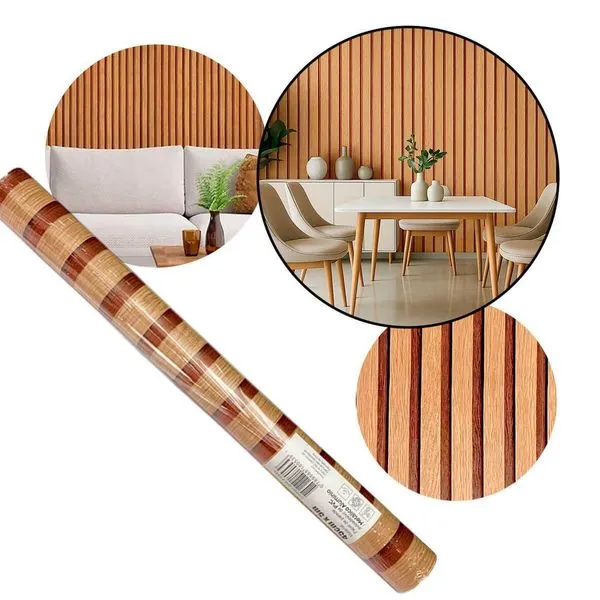 Papel de Parede Adesivo Ripado Listras Mogno 45CM X 5M para Móveis Autocolante Amadeirado B-Max Papel de Parede Adesivo Ripado Listras Mogno 45CM X 5M Fácil de Aplicar Amadeirado B-Max