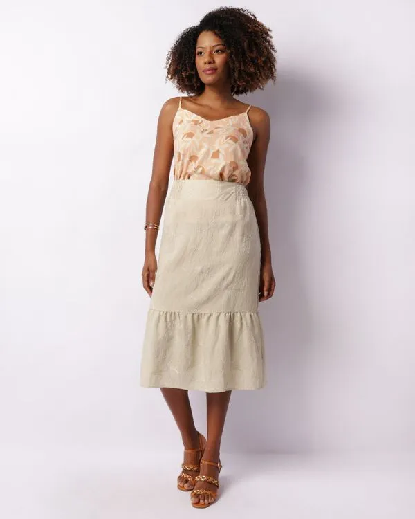 Saia Feminina Midi Berry & Co. Viscose Bordada Bege GG