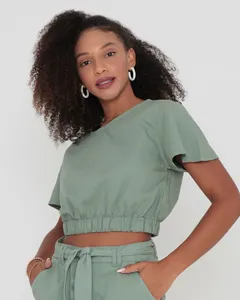 Blusa Feminina Cropped Manga Curta Sarja Verde Claro GG