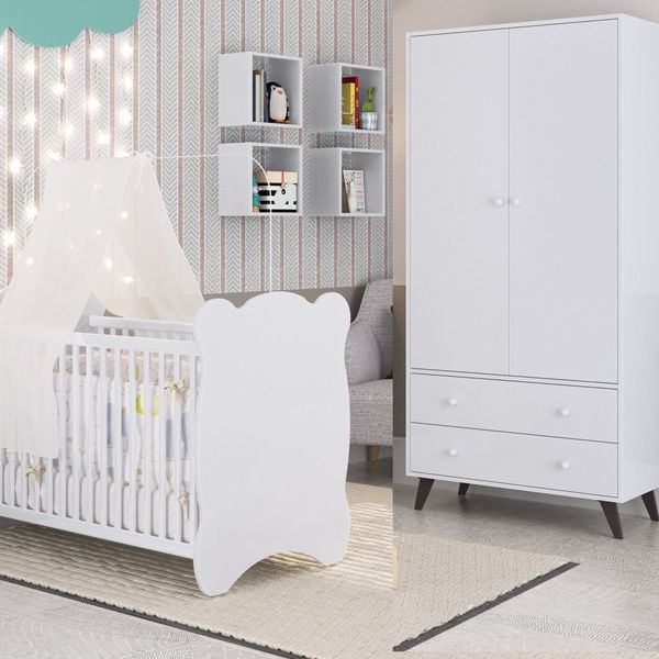 Quarto de Bebê Completo Berço com Guarda roupa 2 Portas 2 Gavetas Pipoca Branco