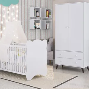 Quarto de Bebê Completo Berço com Guarda roupa 2 Portas 2 Gavetas Pipoca Branco