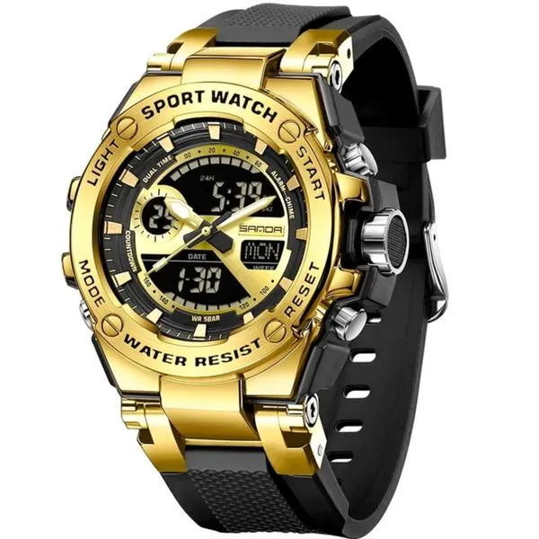 Relógio Dual Display Digital Com Pulseira Silicone Multifuncional Impermeavel Preto Dourado
