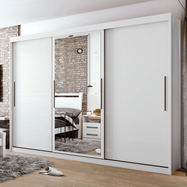 Guarda-roupa em MDF, 3 Portas, 4 Gavetas, Com Espelho - Taurus Branco