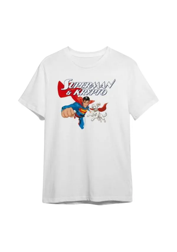 Camiseta Algodão Branca Manga Curta Superman e Krypto Flying 10 / Branca