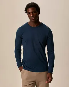 Camiseta Básica Masculina Punho Aplicado Em Algodão Azul - M