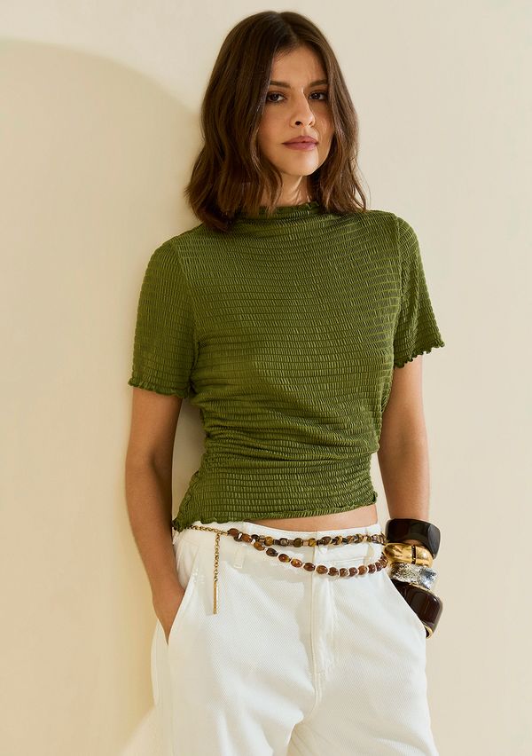 Blusa Morena Rosa Ajustada Decote Careca Manga Longa Padrão Verde PP