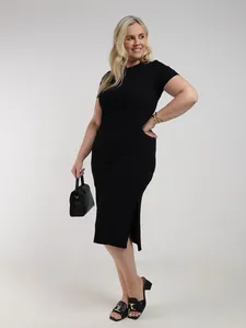 Vestido Canelado Gola Alta Plus Size Feminino PRETO G4