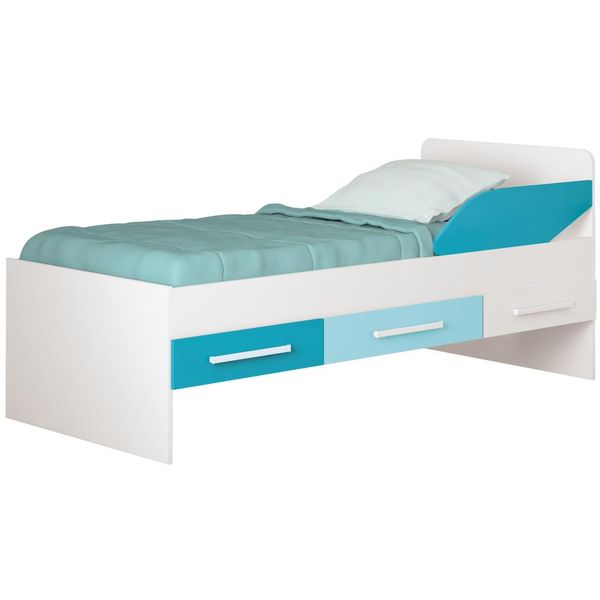Cama Solteiro 3 Gavetas - Santos Andirá Teen LOL Branco / Petróleo / Turquesa