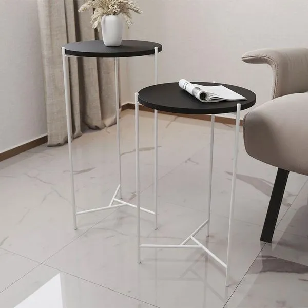 Mesa Lateral Redonda Áquila Branca E Tampo Preto Preto
