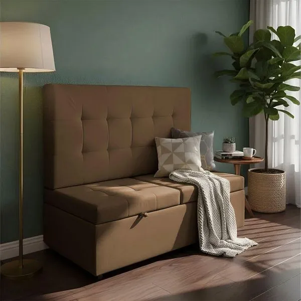 Canto Alemão Recamier Bau + Painel Madri 120cm Suede Marrom - Inova Decor