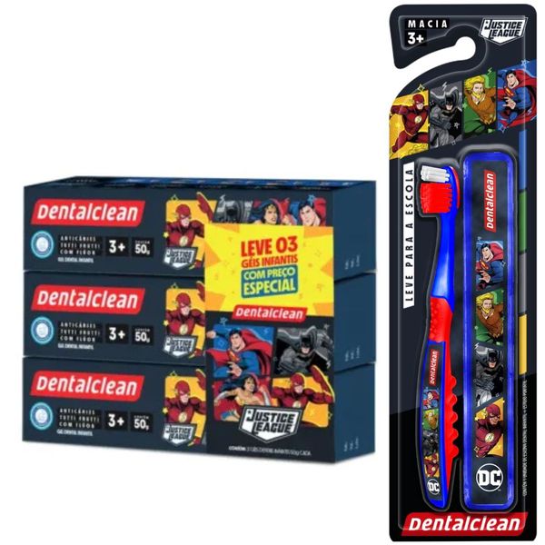 ESCOVA ESCOLAR + 3 GEL DENTAL HEROIS COM FLUOR - DENTALCLEAN