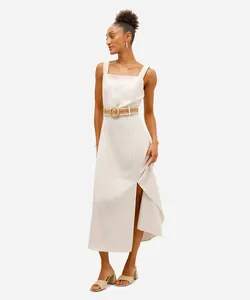 vestido midi feminino com linho e cinto bege G