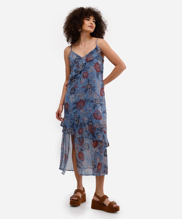 vestido midi feminino chiffon alça fina com babados floral azul PP