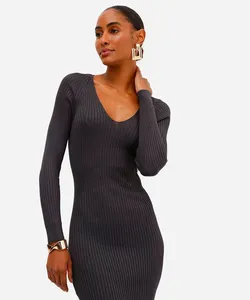 vestido midi feminino de tricot canelado cinza P