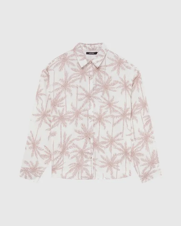 Camisa Feminina Estampa Coqueiros Manga Longa Em Viscolinho Off White - G