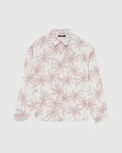 Camisa Feminina Estampa Coqueiros Manga Longa Em Viscolinho Off White - G