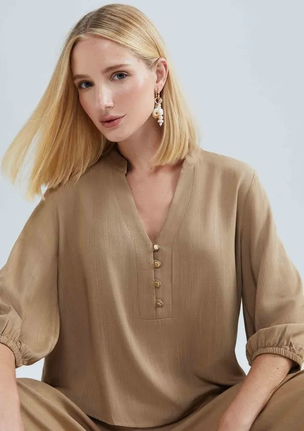 Blusa Básica Feminina Manga 7/8 Bufante - Caqui XG