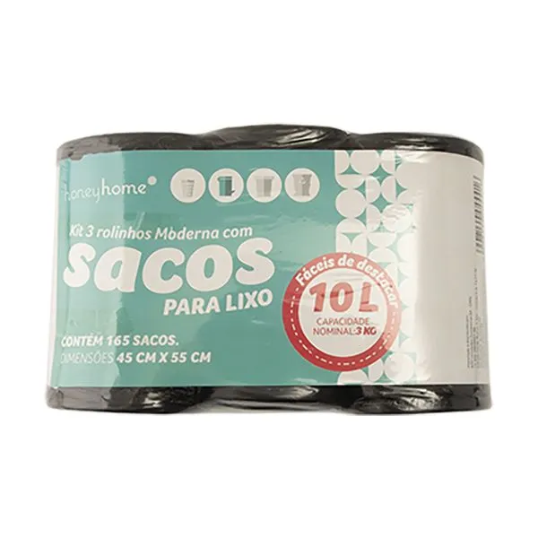 Kit 3 Rolos com 55 Sacos de Lixo 10L Suporta Até 3kg 45x52x2cm LM4086MO - honeyhome