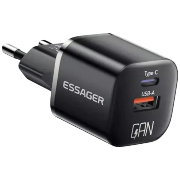 Carregador De Parede USB/USB-C Essager 20W GaN Preto (MP)