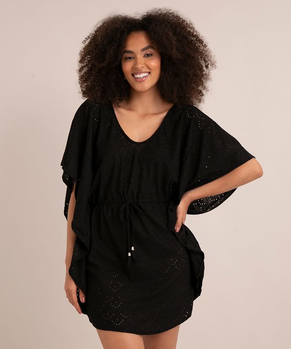 saída de praia kaftan curto de laise com amarração Preta PP