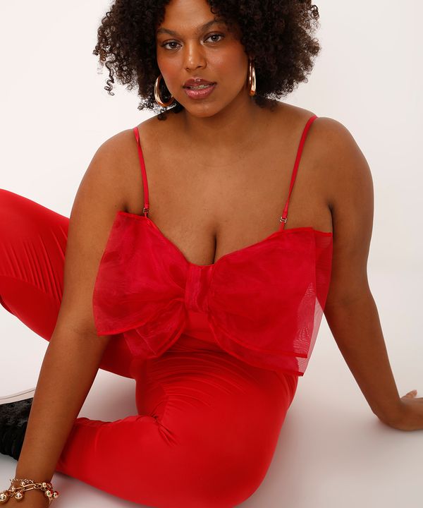 macacão alça fina com laço plus size vermelho GG2