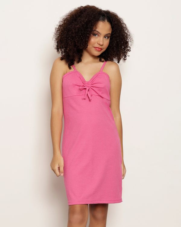 Vestido Juvenil Curto Canelado Detalhe Amarração Rosa 12