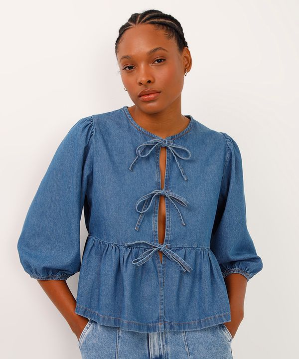 blusa jeans manga bufante com laços azul GG