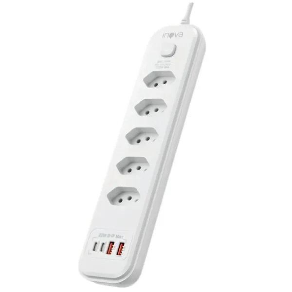 Filtro de Linha SOC-12988 5 Tomadas 2 USB e 2 USB Tipo-C 2500W Cabo 2M Inova Basike Filtro de Linha SOC-12988 5 Tomadas USB Tipo-C 2500W Inova Basike