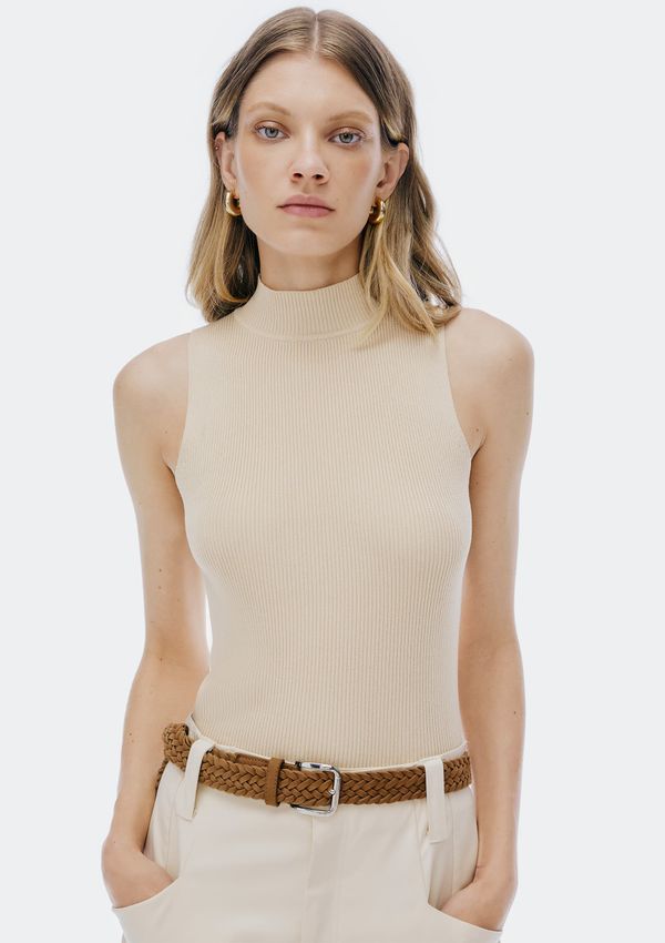 Regata Básica Feminina Gola Alta Em Tricô Canelado - Creme G