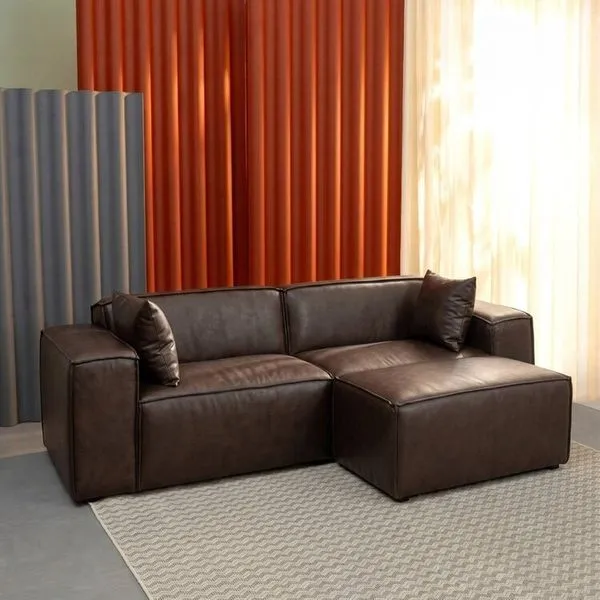 Conjunto Sofá 220cm e Puff 80cm Baobá CabeCasa MadeiraOriginals Courino Castanho