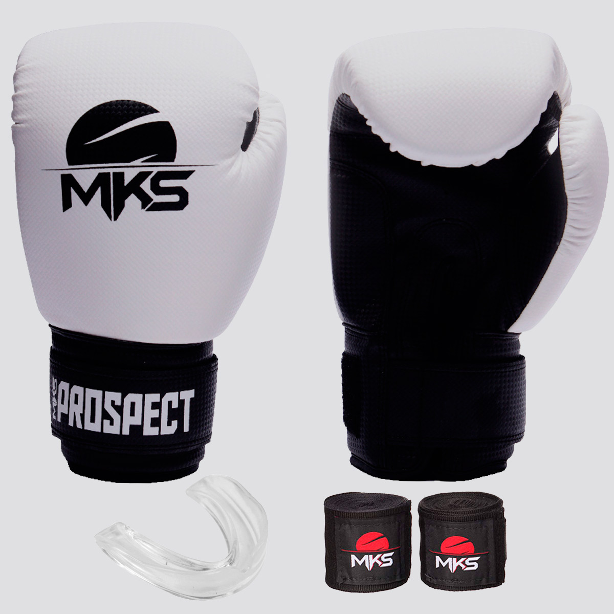 Kit de Luva de Boxe com Bandagem e Bucal MKS Prospect Branca