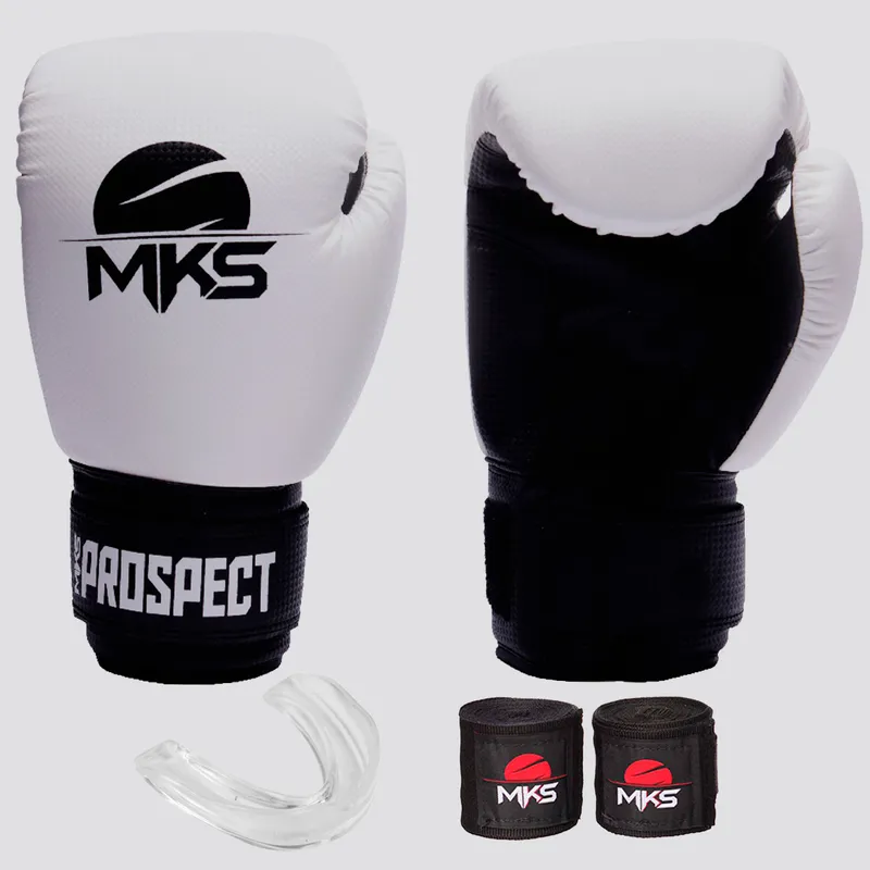 Kit de Luva de Boxe com Bandagem e Bucal MKS Prospect Branca