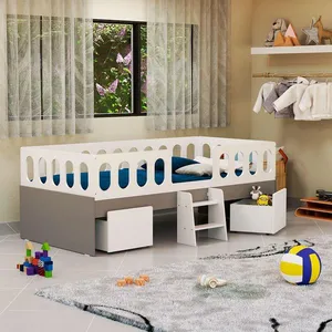 Cama Juvenil Lara Solteiro com Nichos e Escadinha Branco e Cinza Baby Mobilia